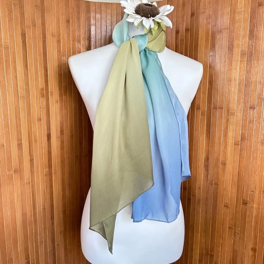 Vintage Ombre Gradient Silk Scarf Blue Olive Green